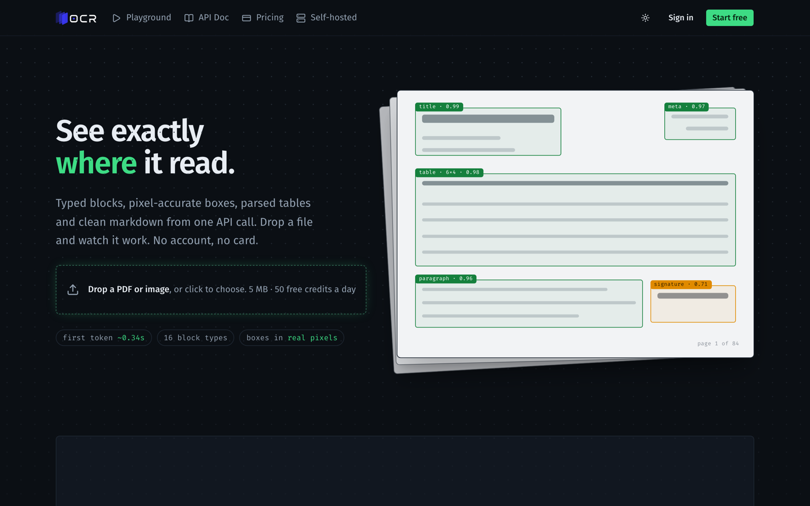 The ocr.run homepage, showing a document being read with typed blocks and bounding boxes highlighted.
